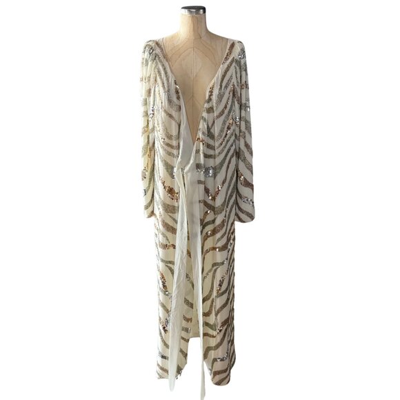 ASOS White, Gold, Silver Long Sleeve Sequin Zebra Print Wrap Midi Dress Size 6 - Picture 11 of 16